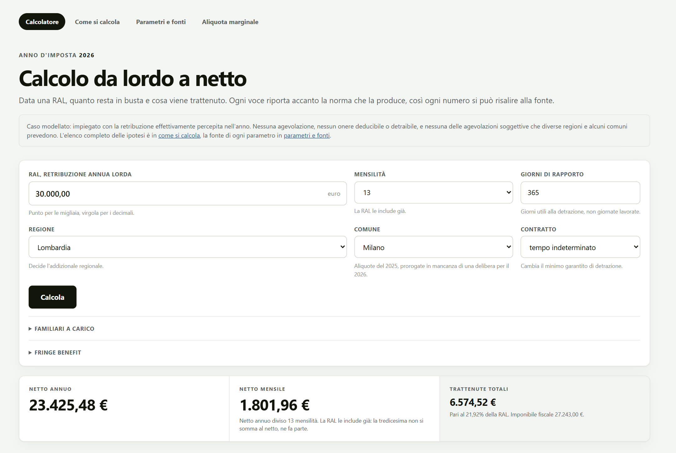 The calculator with a gross salary of 30,000 euro in Milan, tax year 2026