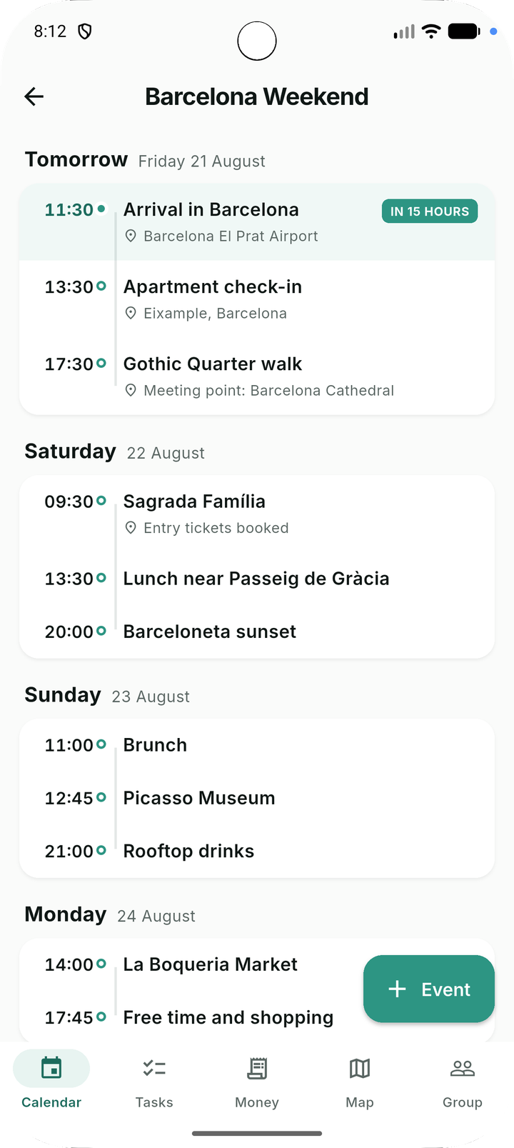 The itinerary of a trip, day by day