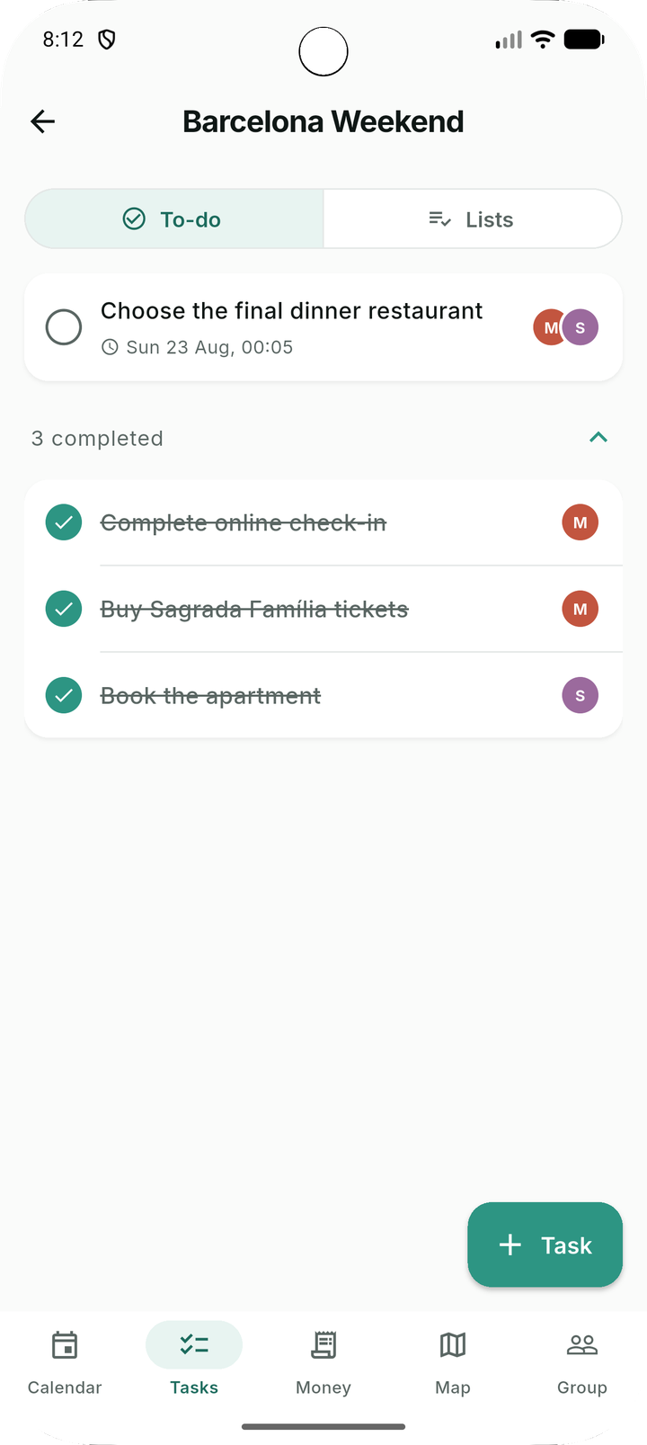 Tasks of a trip with owners, completed ones grouped